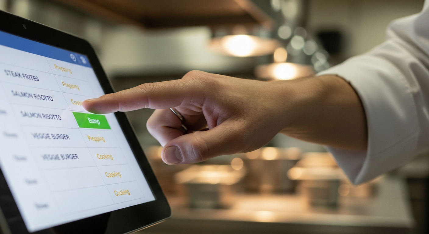 Chef bumping order on touchscreen KDS display, close-up of hand and screen, prof