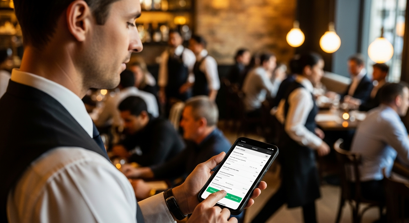 Restaurant manager using handheld mobile device as backup POS system, busy resta