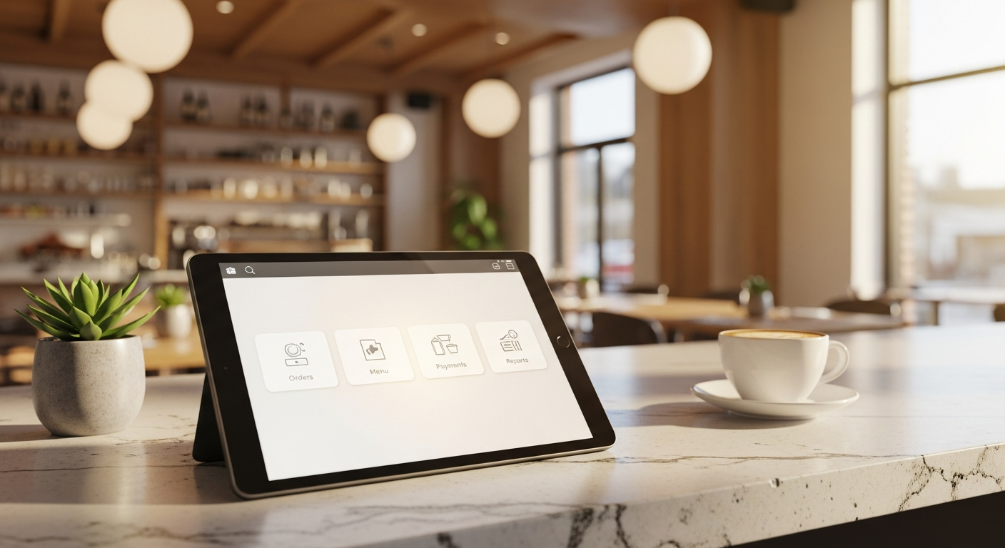 Modern sleek cloud POS touchscreen tablet on elegant restaurant counter, bright
