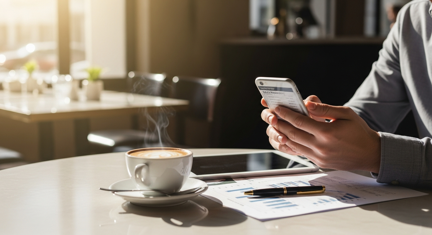 Restaurant owner checking sales reports on smartphone while sitting at cafe tabl