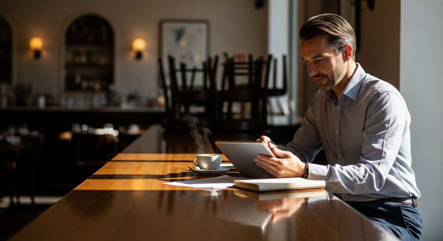 Restaurant owner reviewing reports on tablet during quiet morning, coffee on cou