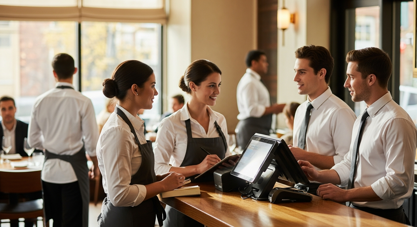 Restaurant team during shift change, servers checking in at POS terminal time cl